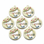 Chinese Style Alloy Pendants, with Enamel, Flat Round with Rabbit, Cadmium Free & Lead Free, Colorful, Light Gold, 30x27x1.5mm, Hole: 1.8mm(RESI-R431-10-RS)