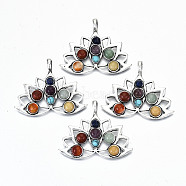 Natural Mixed Gemstone Pendants, with Antique Silver Brass Findings, Dyed, Mixed Dyed and Undyed, Lotus Flower, 39x49x7mm, Hole: 6x4.5mm(G-S359-204)