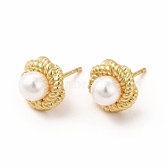 Rack Plating Brass Stud Earrings for Women, with Plastic Imitation Pearl, Long-Lasting Plated, Lead Free & Cadmium Free, Round, Real 18K Gold Plated, 10.5mm, Pin: 0.8mm(EJEW-H091-19G)