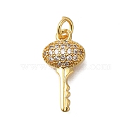 Rack Plating Brass Micro Pave Cubic Zirconia Pendants, Long-Lasting Plated, Lead Free & Cadmium Free, Real 18K Gold Plated Charms, with Jump Ring, Key, 17x9x4mm, Hole: 3mm(ZIRC-F142-12C-G)