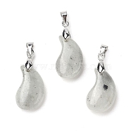 Natural Labradorite Pendants, Magatama Shaped Charms with Platinum Tone Brass Snap on Bails, Long-Lasting Plated, Lead Free & Cadmium Free, 21.6x11.3x7.1mm, Hole: 5x4mm(G-NH0025-14P-06)