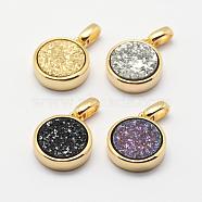 Natural Druzy Agate Charms, with Electroplate Brass Findings, Long-Lasting Plated, Flat Round, Golden, 14x12x4mm, Hole: 2x3mm(G-G720-06G)