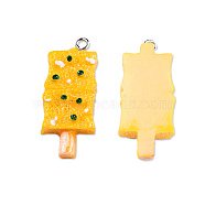 Opaque Resin Pendants, Imitation Food, with Platinum Plated Iron Loop and Glitter Powder, Baked Dried Tofu, Gold, 33~33.5x14x6~7mm, Hole: 2mm(CRES-N021-163)
