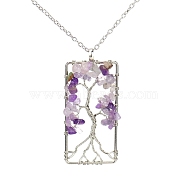 Platinum Tone Copper Wire Natural Amethyst Chips Pendant Necklaces, Rectangle with Tree of Life Jewelry for Women Men, 20.08 inch(51cm)(PW-WG96088-03)
