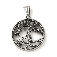 304 Stainless Steel Pendants, Flat Round and Human Charm, Antique Silver, 36.5x32x4mm, Hole: 8.5x4mm(STAS-U001-07AS)