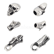 6Pcs 3 Style 304 Stainless Steel Cord Ends, For Leather Cord Bracelets Making, Skull & Dragon, Antique Silver, 23~36x13~14.5x10~15mm, Hole: 5~6x5.5~9mm, 2Pcs/style(STAS-UN0047-71)