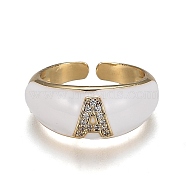Brass Micro Pave Clear Cubic Zirconia Cuff Rings, Open Rings, with Enamel, Cadmium Free & Lead Free, Golden, Letter.A, US Size 7 1/4, Inner Diameter: 17.6mm(RJEW-H538-03G-A)