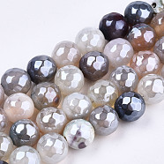 Electroplate Natural Agate Beads Strands, Dyed, Faceted, Pearl Luster Plated, Round, Antique White, 8.5x7~8mm, Hole: 1.2mm, about 47~48pcs/strand, 13.78 inch~13.98 inch(35cm~35.5cm)(G-T131-54E)