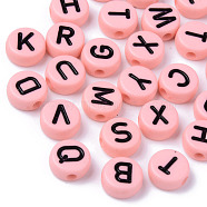 Opaque Acrylic Beads, Horizontal Hole, Flat Round with Black Random Letters, Pink, 10x4.5mm, Hole: 2mm(X-MACR-S273-50A)