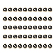 Golden Plated Alloy Charms, with Enamel, Enamelled Sequins, Flat Round, Black, Letter.V, 14x12x2mm, Hole: 1.5mm, 50pcs/Box(ENAM-SZ0001-25B-V)