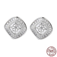 Rhodium Plated 925 Sterling Silver Stud Earring Findings, with Clear Cubic Zirconia, Square, for Half Drilled Beads, with S925 Stamp, Real Platinum Plated, 12x12mm, Pin: 10.5x0.9mm and 0.1mm(STER-M115-18P)