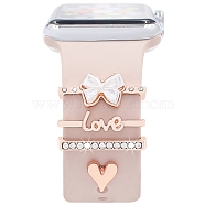 Word Love & Heart Alloy Rhinestones Watch Band Charms Set, Watch Band Studs, Decorative Ring Loops, Rose Gold, Inner Diameter: 2.2x0.35cm, 4pcs/set(PW-WG62408-04)