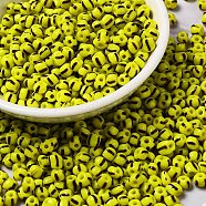 6/0 Opaque Colours Seep Glass Seed Beads, Round Hole, Round with Stripe Pattern, Yellow Green, 3~4.5x3~4.5mm, Hole: 1.2~1.5mm, about 450g/bag(SEED-F003-04A-05)