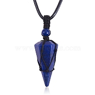 Natural Lapis Lazuli Cone Braided Pendant Necklace, Gemstone Wrapped Jewelry for Women, 31.18 inch~33 inch(79.2~84cm)(NJEW-SZ0001-59D)