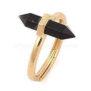 Double Pointed Hexagonal Prism Natural Obsidian Adjustable Rings for Women, Ion Plating(IP) Brass Rings, Golden, Hexagonal Prism: 17x7.5mm, US Size 6(16.5mm)(RJEW-G327-01G-06)