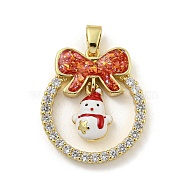 Christmas Brass Micro Pave Cubic Zirconia Pendant, with Enamel and Synthetic Opal, Christmas Wreath, FireBrick, 25.5x22.5x5mm, Hole: 5x3mm(KK-H468-01F-02G)