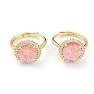 Synthetic Opal Adjustable Rings, with Brass Micro Pave Cubic Zirconia Findings, Oval, Real 18K Gold Plated, Pink, Inner Diameter: 17x18mm(RJEW-B031-01G-01)
