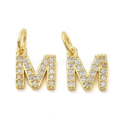 Brass Micro Pave Cubic Zirconia Pendants, with Jump Ring, Letter M, 9x8x1.5mm, Hole: 3.6mm(KK-M273-02G-M)