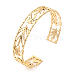 304 Stainless Steel Cuff Bangles for Women, Real 18K Gold Plated, Hollow, Leaf, 1/2 inch(1.2cm)(BJEW-K263-05G-11)