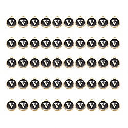 Golden Plated Alloy Charms, with Enamel, Enamelled Sequins, Flat Round, Black, Letter.V, 14x12x2mm, Hole: 1.5mm, 50pcs/Box(ENAM-SZ0001-25B-V)