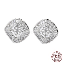 Rhodium Plated 925 Sterling Silver Stud Earring Findings, with Clear Cubic Zirconia, Square, for Half Drilled Beads, with S925 Stamp, Real Platinum Plated, 12x12mm, Pin: 10.5x0.9mm and 0.1mm(STER-M115-18P)