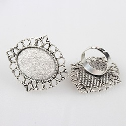 Vintage Adjustable Iron Flower Finger Ring Components Alloy Cabochon Bezel Settings, Cadmium Free & Lead Free, Antique Silver, Oval Tray: 18x25mm, 17mm(X-PALLOY-O036-03AS)