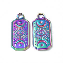 Ion Plating(IP) 304 Stainless Steel Pendants, Rectangle with Moon & Eye, Rainbow Color, 23x11x2mm, Hole: 2mm(STAS-C066-23M)