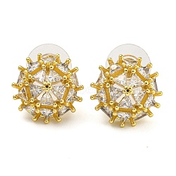 Brass Micro Pave Clear Cubic Zirconia Stud Earrings, Flat Round, Real 18K Gold Plated, 15.5mm(EJEW-B065-02G)