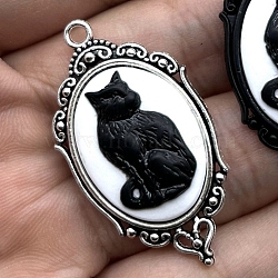 Tibetan Style Alloy Enamel Pendants, Oval with Cat Charm, Antique Silver, 43x23mm(X-PW-WG3399A-01)