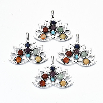 Natural Mixed Gemstone Pendants, with Antique Silver Brass Findings, Dyed, Mixed Dyed and Undyed, Lotus Flower, 39x49x7mm, Hole: 6x4.5mm