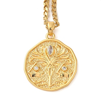 Brass Clear Cubic Zirconia Curb Chain Constellation Pendant Medal Necklaces for Women,  Real 18K Gold Plated, Libra, 17.52~17.72 inch(44.5~45cm), pendant: 23.5x21.5x2mm