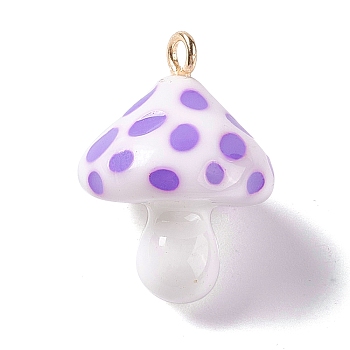 Opaque Resin Pendants, 3D Mushroom Charms, with Light Gold Tone Iron Loops, Medium Purple, 24.5~25.5x18mm, Hole: 2mm