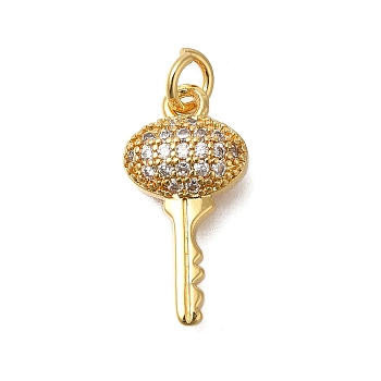 Rack Plating Brass Micro Pave Cubic Zirconia Pendants, Long-Lasting Plated, Lead Free & Cadmium Free, Real 18K Gold Plated Charms, with Jump Ring, Key, 17x9x4mm, Hole: 3mm