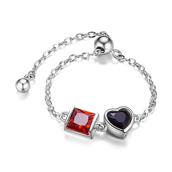 SHEGRACE Adjustable Rhodium Plated 925 Sterling Silver Finger Ring Chain, with AAA Cubic Zirconia, Prussian Blue Heart and Red Square, Platinum, 60mm