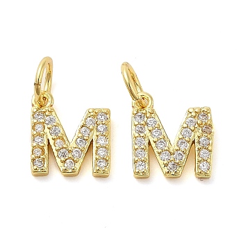 Brass Micro Pave Cubic Zirconia Pendants, with Jump Ring, Letter M, 8~9x4.5~9.5x1.5mm, Hole: 3.6mm