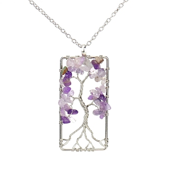 Platinum Tone Copper Wire Natural Amethyst Chips Pendant Necklaces, Rectangle with Tree of Life Jewelry for Women Men, 20.08 inch(51cm)