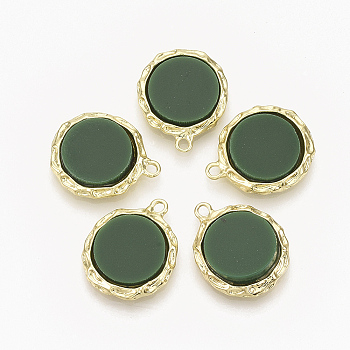 Alloy Pendants, with Plastic, Flat Round, Light Gold, Green, 20x16x3.5mm, Hole: 1.6mm