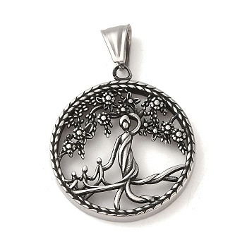 304 Stainless Steel Pendants, Flat Round and Human Charm, Antique Silver, 36.5x32x4mm, Hole: 8.5x4mm