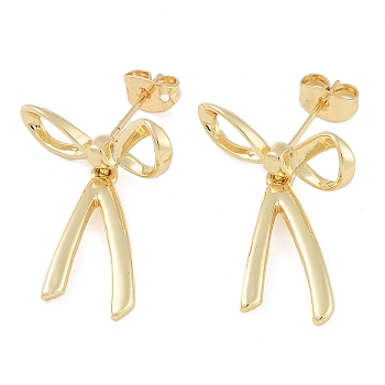 Brass Stud Earrings for Women, Bowknot, Real 18K Gold Plated, 26x20mm