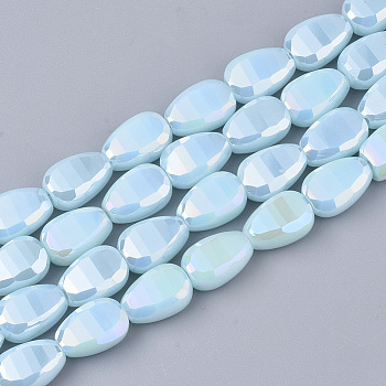 Electroplate Opaque Solid Color Glass Beads Strands, AB Color Plated, Faceted, Teardrop, Cyan, 8.5x6x4.5~5mm, Hole: 1mm, about 80pcs/strand, 26.38 inch(67cm)