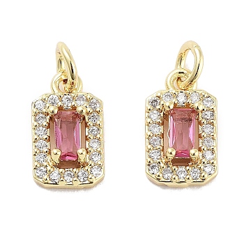 Brass Micro Pave Cubic Zirconia Charms, with Jump Ring, Rectangle, Real 18K Gold Plated, Cerise, 10x6x3.5mm, Hole: 2.5mm