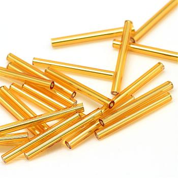 Silver Lined Transparent Glass Bugle Beads, Goldenrod, 20x2.5mm, Hole: 0.5mm, about 2000~2500pcs/bag