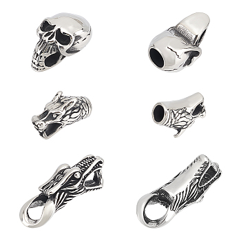 6Pcs 3 Style 304 Stainless Steel Cord Ends, For Leather Cord Bracelets Making, Skull & Dragon, Antique Silver, 23~36x13~14.5x10~15mm, Hole: 5~6x5.5~9mm, 2Pcs/style