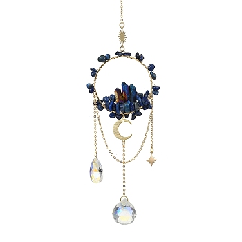 Natural Lapis Lazuli & Dyed Natural Quartz Crystal with Glass Pendant Decorations, Teardrop & Ring, 270mm