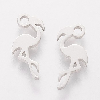 201 Stainless Steel Charms, Flamingo Shape, Stainless Steel Color, 14.6x7x1mm, Hole: 1.5mm