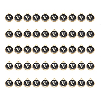 Golden Plated Alloy Charms, with Enamel, Enamelled Sequins, Flat Round, Black, Letter.V, 14x12x2mm, Hole: 1.5mm, 50pcs/Box