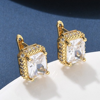 Brass Micro Pave Clear Cubic Zirconia Hoop Earrings, Rectangle, Real 18K Gold Plated, 15.5x11.5x15.5mm