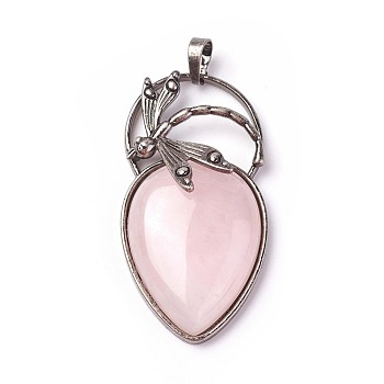 Natural Rose Quartz Pendants, with Brass Findings, teardrop, Antique Silver, 52~53x27x10~11mm, Hole: 8x5mm