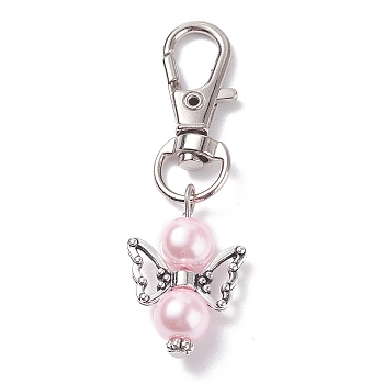 Angel Glass Pearl Pendant Decorations, with Alloy Swivel Lobster Claw Clasps, Pink, 55mm