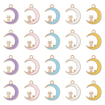20Pcs 5 Colors Alloy Enamel Pendants, Light Gold, Moon with Cat Charm, Mixed Color, 19.5x14.5x1.5mm, Hole: 2mm, 4pcs/color